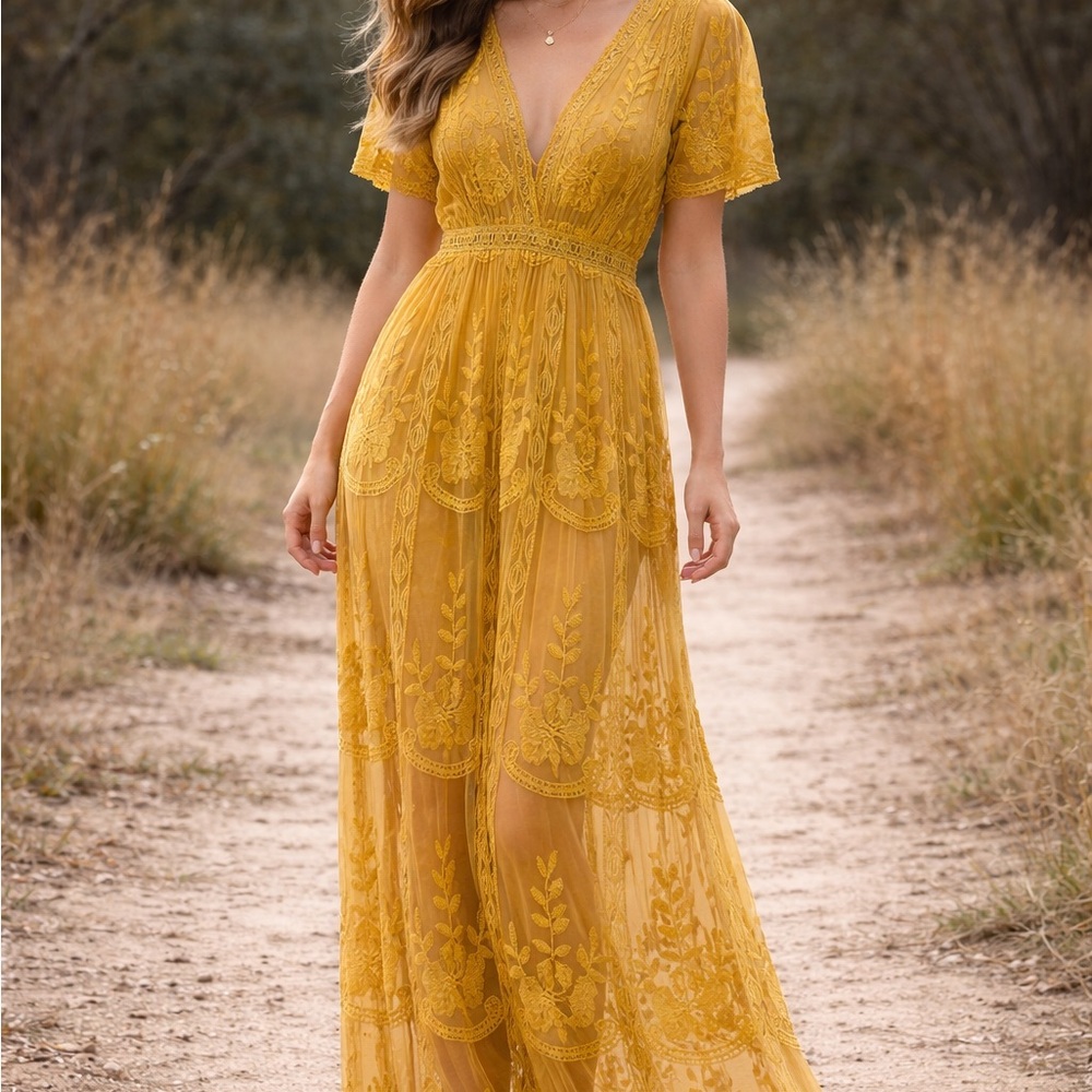 the clothing company Mustard Yellow Lace Maxi Dress